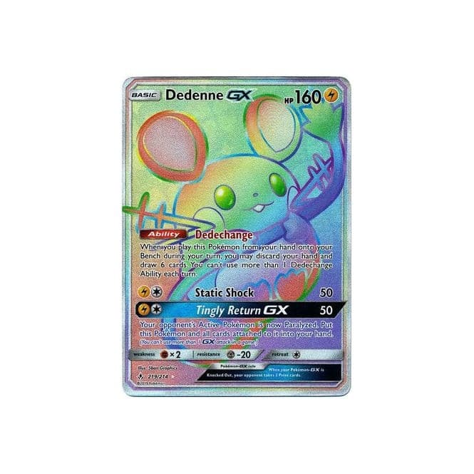 Dedenne GX 219/214 Full Art Rainbow Secret Rare Pokemon Card (Unbroken Bonds) Category: GX Kaarten xccscss.